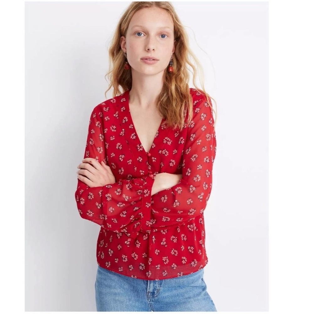 Madewell | V-Neck Peplum Top Little Lilies red long sleeve floral blouse